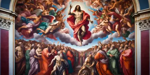 Cristo in gloria, circondato da angeli, sovrasta la folla in attesa del giudizio universale.