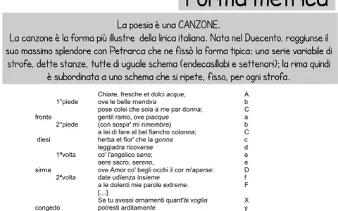 La canzone di Petrarca, "Chiare, fresche et dolci acque", illustra la forma metrica della canzone, con strofe e rime precise.