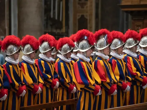 Guardie svizzere in divisa colorata, con elmi piumati, spiegano perchè il Papa ha le guardie svizzere: sono la sua protezione storica.