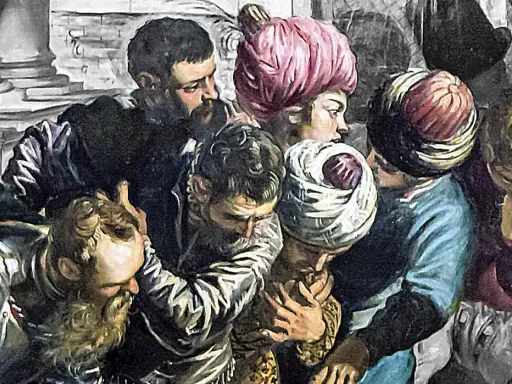 Dettaglio del "Miracolo dello schiavo" di Tintoretto: volti intensi e turbanti colorati in un momento di dramma.