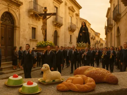Una processione religiosa per la Pasqua in Sicilia, con statue sacre portate a spalla e dolci tipici in primo piano.