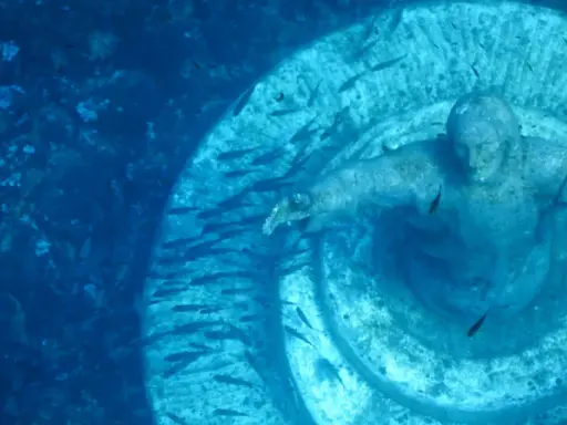 Il Cristo sommerso di San Fruttuoso, circondato da pesci, veglia sul fondale marino.