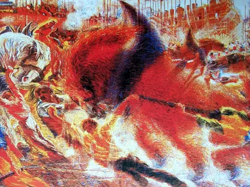 Un'analisi dinamica de "La città che sale": figure umane e animali si fondono in un vortice di energia e progresso, con uno sfondo di edifici in costruzione.