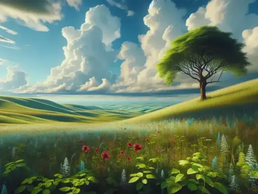 Un paesaggio collinare verdeggiante, fiorito, con un albero solitario e nuvole maestose, evoca un senso di enjambement infinito leopardiano.