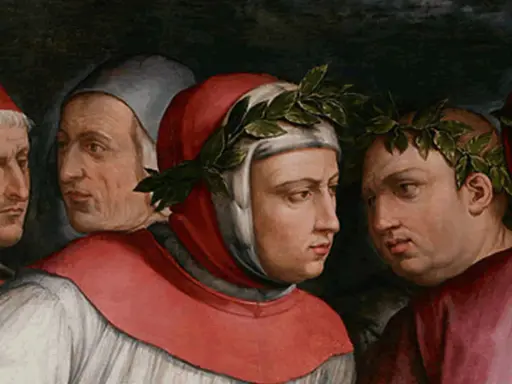 Figure retoriche: uomini con corone d'alloro, forse poeti, che discutono. "Io voglio del ver la mia donna laudare.