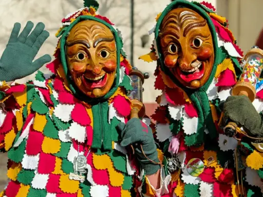 Due maschere di carnevale in Italia, con costumi colorati e volti grotteschi, salutano festanti.