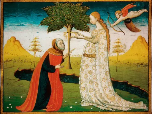 Un vecchio implora una dama sotto un albero, mentre Cupido scocca una freccia. Pace non trovo e non ho da far guerra.