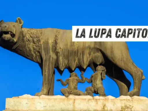 La statua lupa capitolina, simbolo di Roma, allatta i gemelli Romolo e Remo.