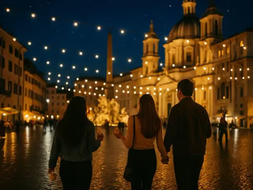 Passeggiata serale a Roma, con luci soffuse che illuminano la piazza e un cielo stellato. Tre amici gustano un gelato mentre ammirano la bellezza della città eterna.