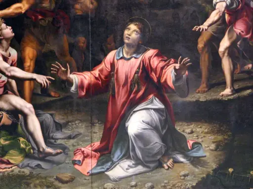 Painting of a saint in a red robe kneeling and looking up, with other figures around.