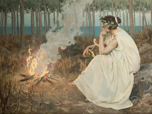 Una donna con corona d'alloro e lira medita accanto a un fuoco, evocando il tema dell'ultimo canto di Saffo parafrasi.