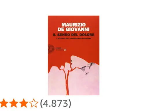 Copertina del libro "Il senso del dolore" di Maurizio de Giovanni, con un disegno stilizzato di un albero e un cielo rosso.