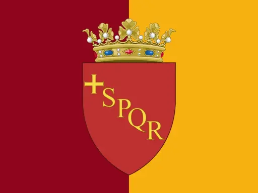 Bandiera di Roma: divisa in due parti, rossa e gialla, con uno scudo rosso che riporta la croce e le lettere SPQR, sormontato da una corona dorata.