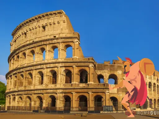 Il Colosseo fa da sfondo a un guerriero stilizzato, perfetto per una ricerca sul Colosseo per la scuola primaria.