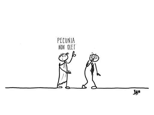 Due figure stilizzate discutono. Una, con toga e corona d'alloro, tiene in mano una moneta e dice "Pecunia non olet". L'altra, in abito moderno, ascolta pensierosa.