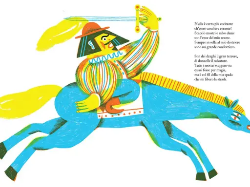 Un cavaliere errante, con spada alzata, cavalca un destriero blu. Il suo significato è l'eroe che scaccia mostri e salva dame.
