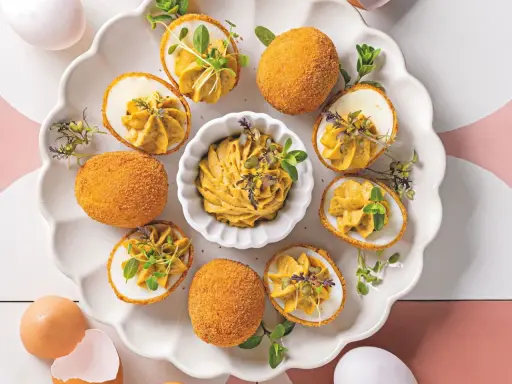 Uova ripiene dorate e croccanti, perfette per scoprire cosa fare a Pasqua. Un'idea sfiziosa e colorata per il tuo menu pasquale.
