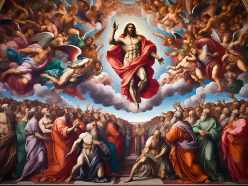 Cristo in gloria, circondato da angeli, sovrasta la folla in attesa del giudizio universale.