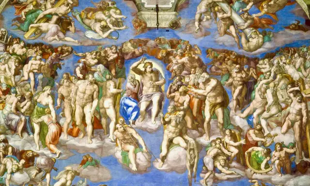 Michelangelo's Last Judgment fresco: Christ presides over the resurrected souls ascending to heaven and descending to hell.