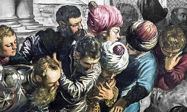 Dettaglio del "Miracolo dello schiavo" di Tintoretto: volti intensi e turbanti colorati in un momento di dramma.