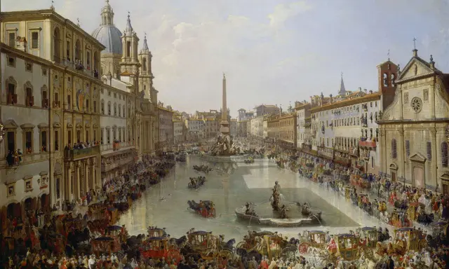 Una vivace scena di **Piazza Navona** a Roma, con carrozze, folla e la Fontana dei Quattro Fiumi.