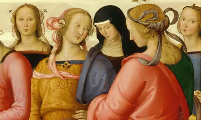 Dettaglio da "Lo sposalizio della Vergine" di Raffaello e Perugino: donne con abiti colorati e acconciature elaborate.