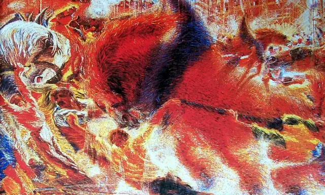 Un'analisi dinamica de "La città che sale": figure umane e animali si fondono in un vortice di energia e progresso, con uno sfondo di edifici in costruzione.
