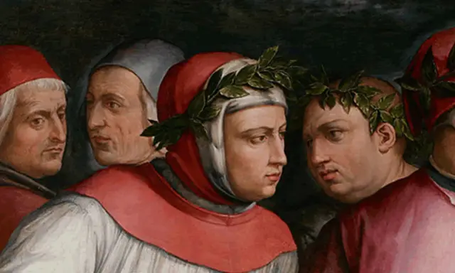 Figure retoriche: uomini con corone d'alloro, forse poeti, che discutono. "Io voglio del ver la mia donna laudare.
