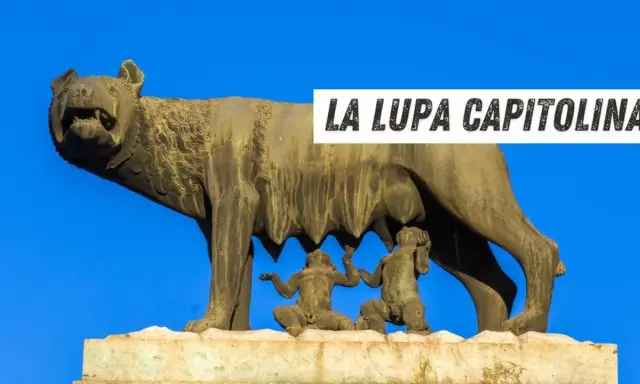 La statua lupa capitolina, simbolo di Roma, allatta i gemelli Romolo e Remo.