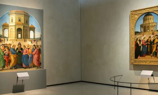 Due dipinti rinascimentali, uno di Raffaello e uno di Perugino, raffigurano il Matrimonio della Vergine con un edificio centrale.