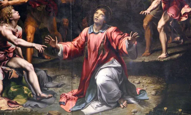 Painting of a saint in a red robe kneeling and looking up, with other figures around.