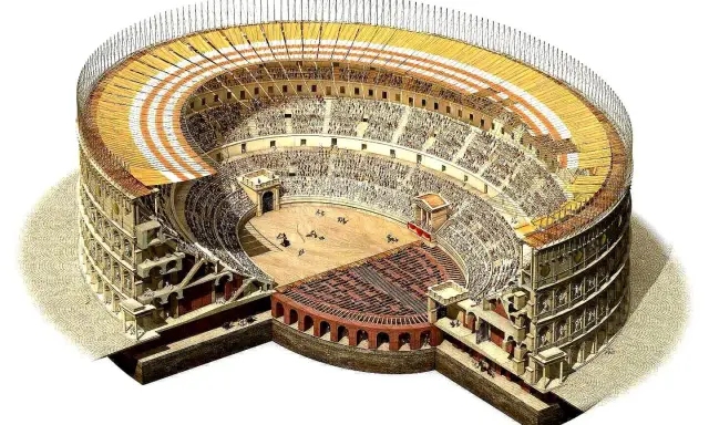 Sezione del Colosseo con spettatori e gladiatori, mostra quanto è grande il Colosseo e la sua struttura interna.