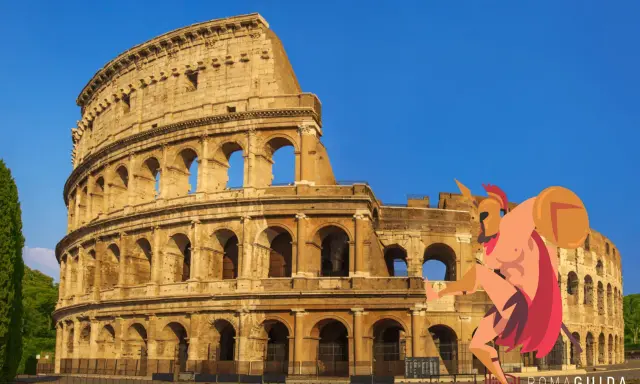 Il Colosseo fa da sfondo a un guerriero stilizzato, perfetto per una ricerca sul Colosseo per la scuola primaria.
