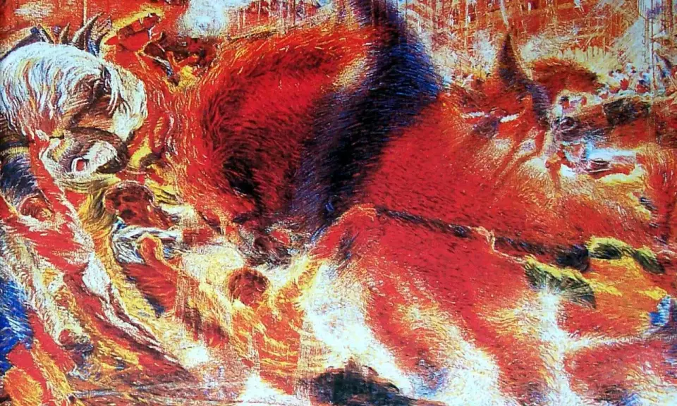 Un'analisi dinamica de "La città che sale": figure umane e animali si fondono in un vortice di energia e progresso, con uno sfondo di edifici in costruzione.