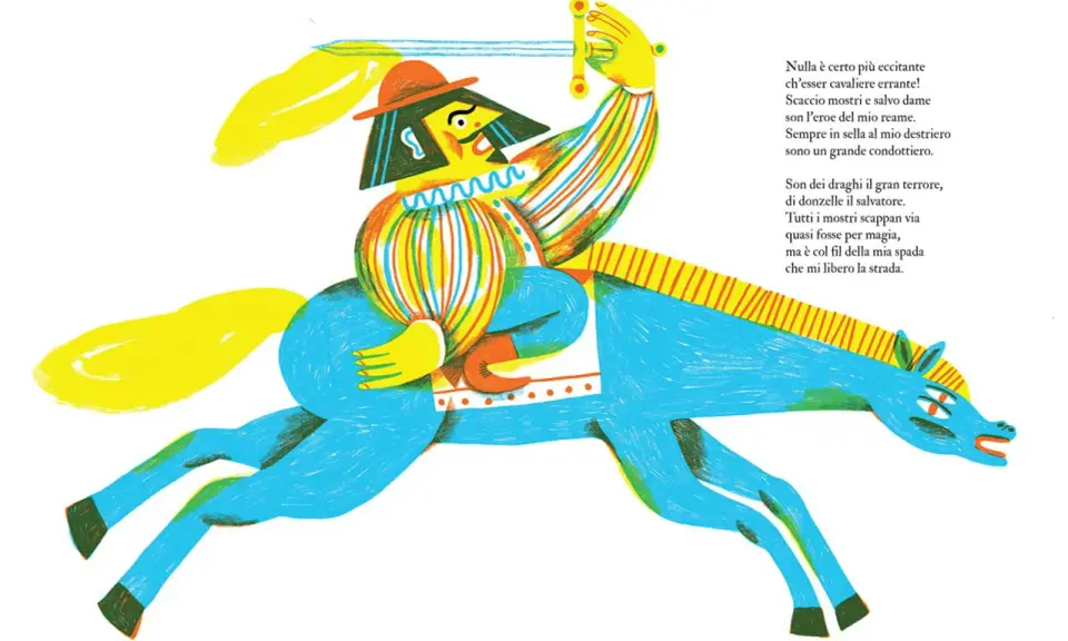 Un cavaliere errante, con spada alzata, cavalca un destriero blu. Il suo significato è l'eroe che scaccia mostri e salva dame.