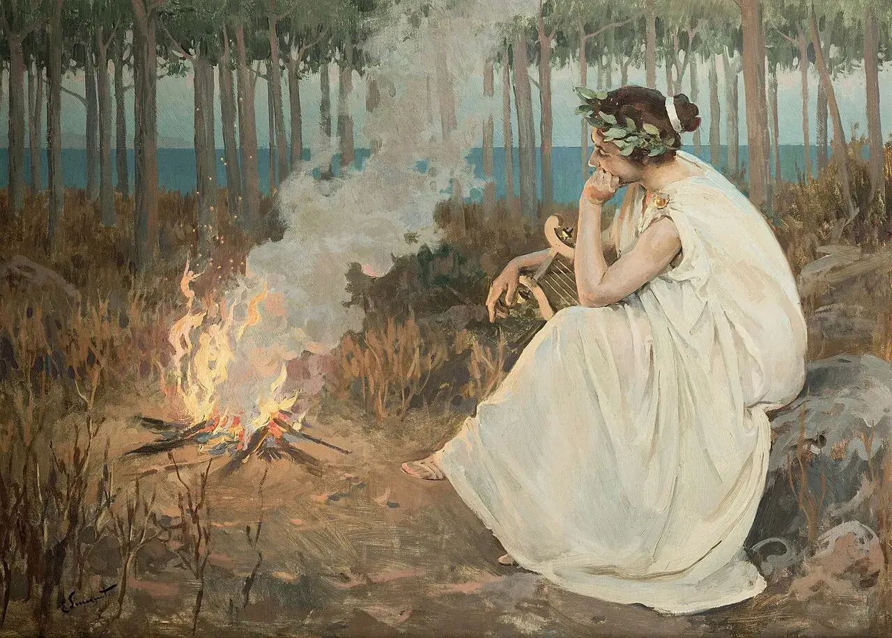 Una donna con corona d'alloro e lira medita accanto a un fuoco, evocando il tema dell'ultimo canto di Saffo parafrasi.