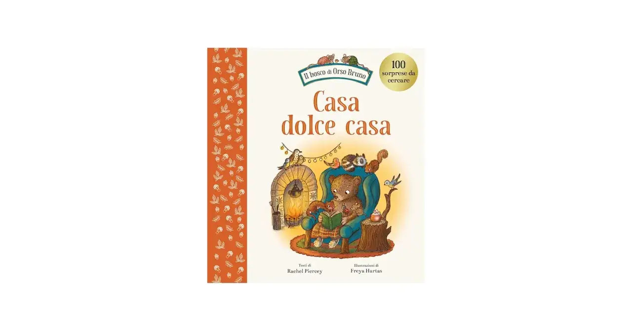 Orso Bruno legge un libro in poltrona, circondato da amici animali. Un camino acceso e decorazioni natalizie creano un'atmosfera accogliente, perfetta per una "casa dolce casa".