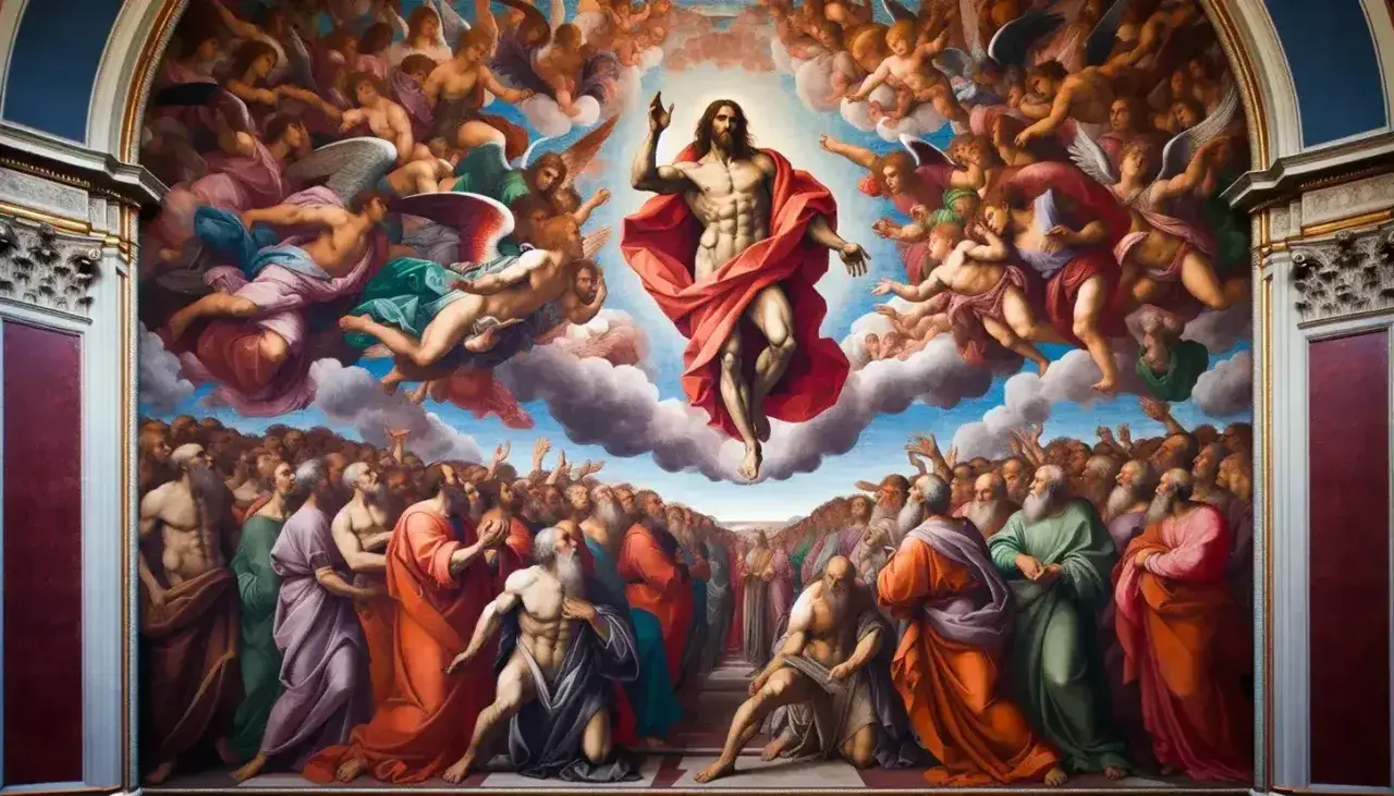Cristo in gloria, circondato da angeli, sovrasta la folla in attesa del giudizio universale.