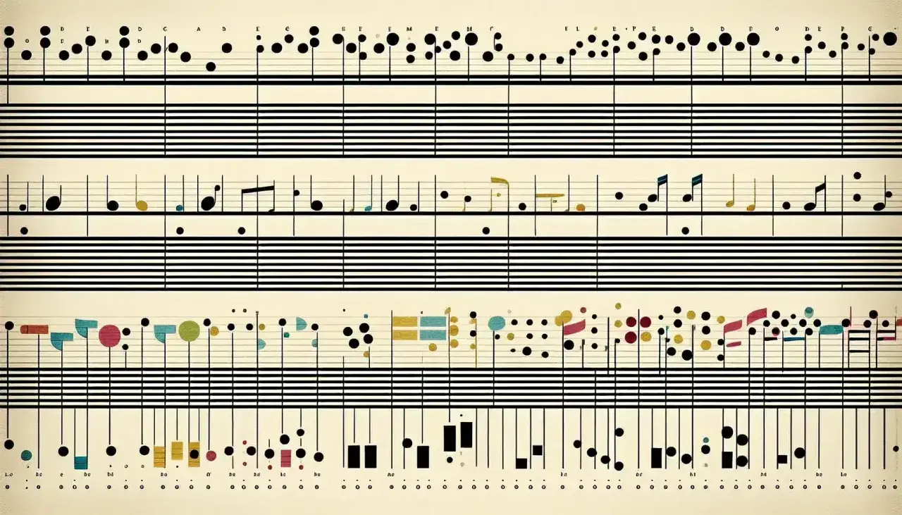 Note musicali colorate e nere su pentagrammi, come una poesia visiva che esplora la divisione in sillabe.
