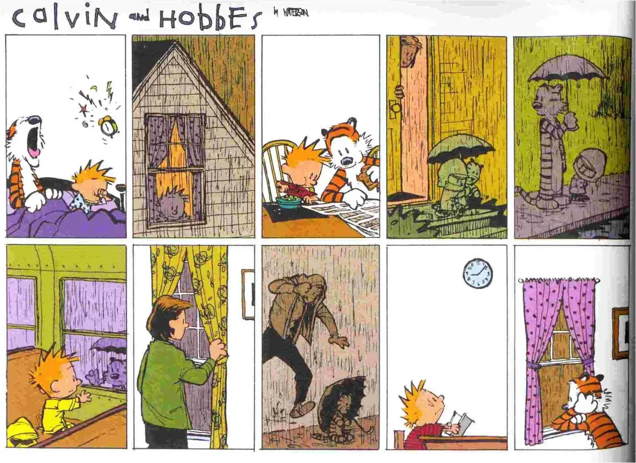 Calvin e Hobbes, tra pioggia e sveglie, vivono le loro avventure. Il piacer figlio d'affanno, a volte, &egrave; solo un libro letto al caldo.