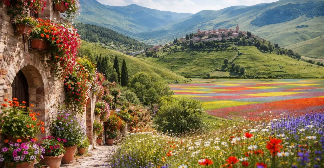 Un borgo fiorito su una collina, con un campo arcobaleno sotto. Un luogo incantevole dove andare in primavera.