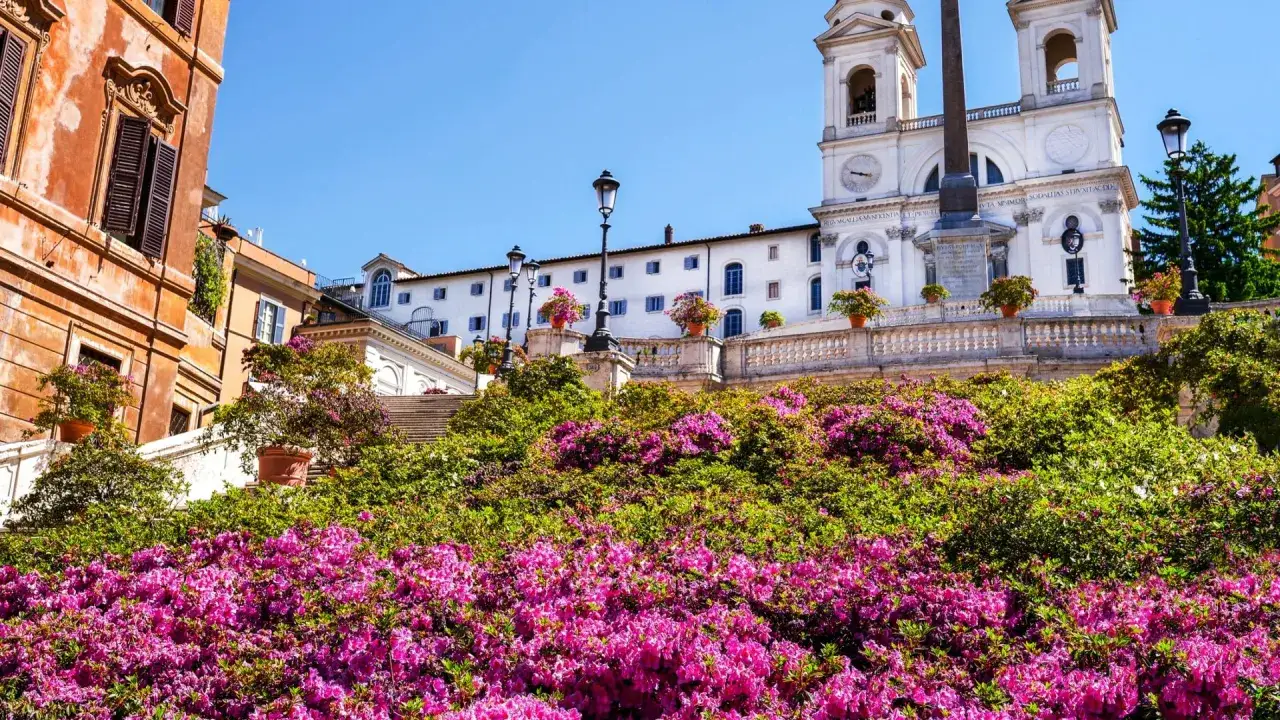 Scenografica scalinata Trinità dei Monti a Roma, fiorita di azalee rosa. Curiosità: fu costruita nel '700.