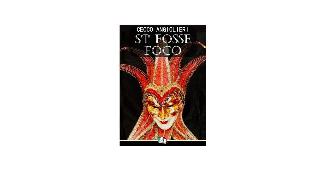 Maschera veneziana dorata e rossa, con un cappello da giullare. Il titolo del libro