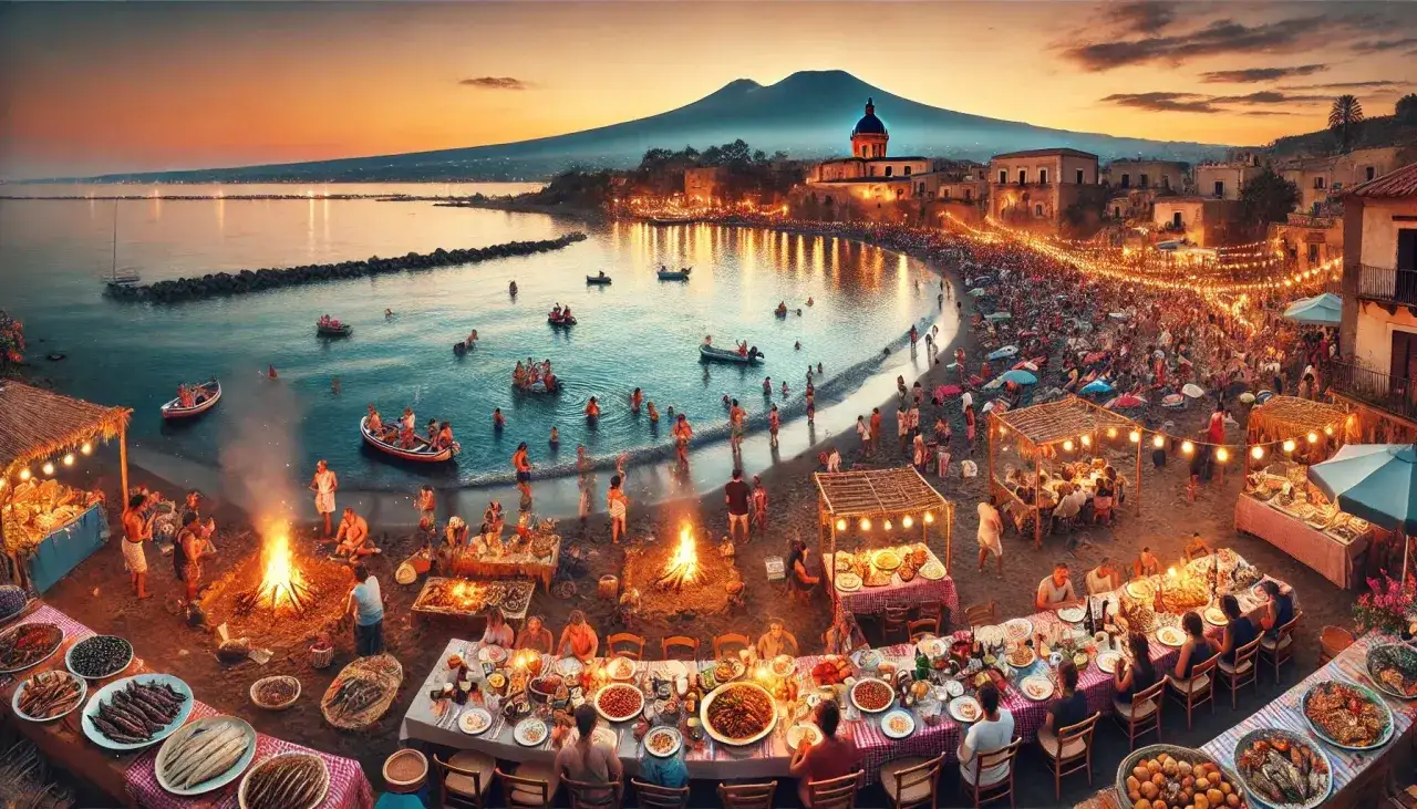 Festa di Ferragosto in Sicilia: gente in spiaggia, falò, tavolate imbandite e musica sotto le luci. Un'esperienza indimenticabile!
