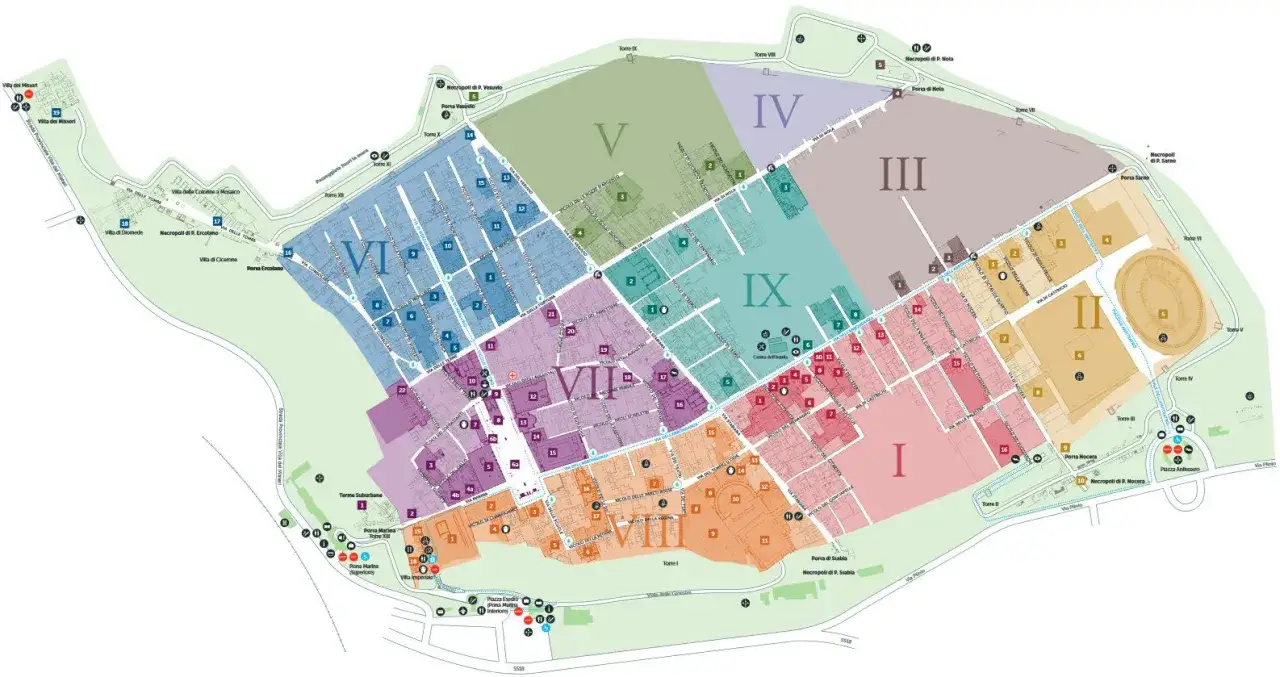 Mappa di Pompei divisa in regioni, ideale per pianificare cosa visitare a Pompei in un giorno. Mostra strade, ville e monumenti.