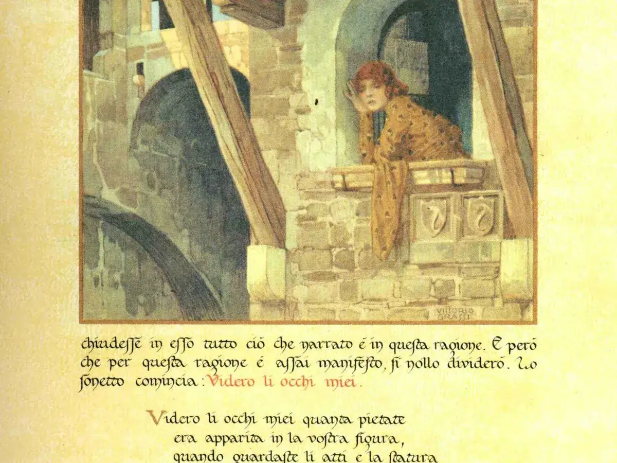 Una giovane donna dai capelli rossi guarda da una finestra, evocando il saluto di Beatrice parafrasi.