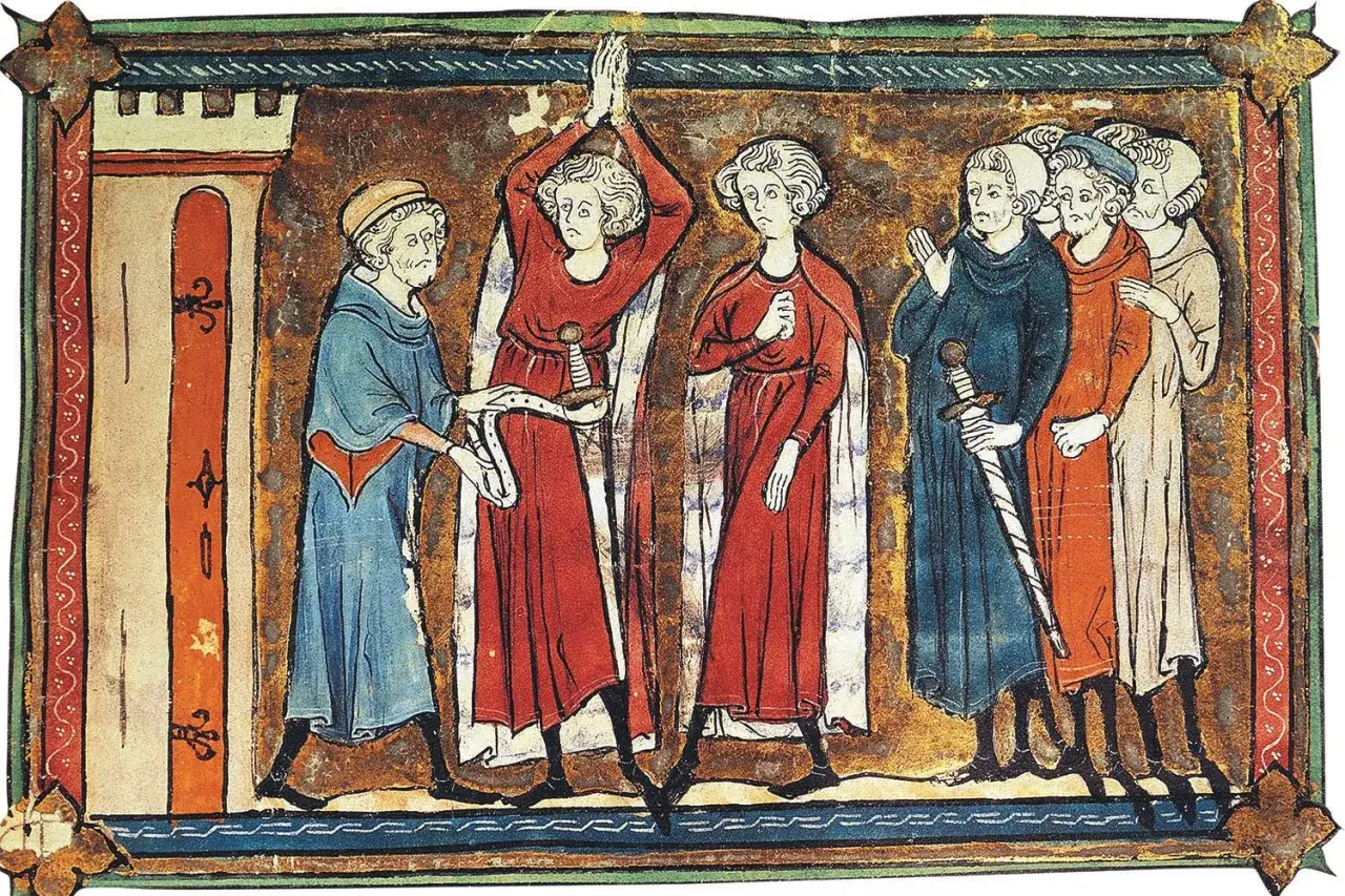 Miniatura medievale: un uomo in blu consegna una spada a un cavaliere errante in rosso. Il significato del cavaliere errante &egrave; qui rappresentato come un eroe in cerca di avventure.