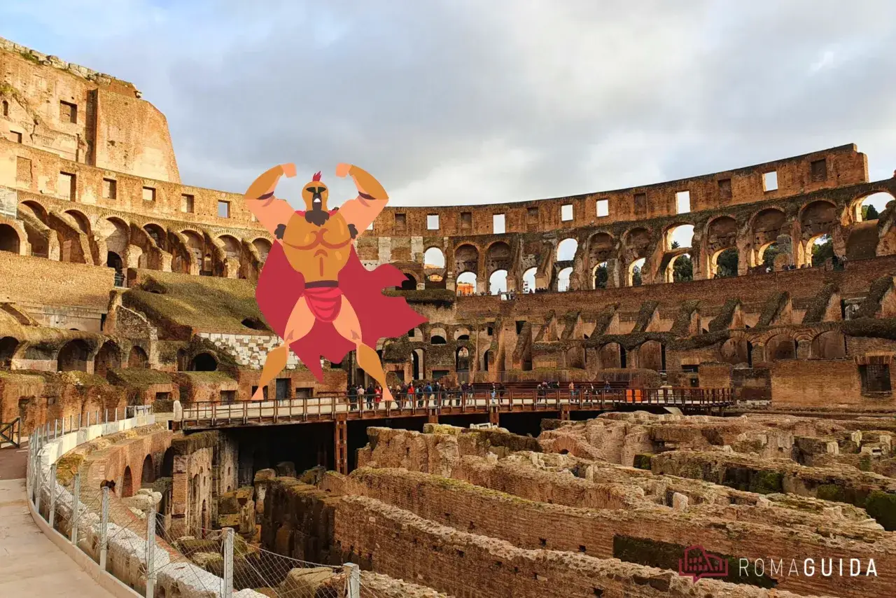 Un guerriero muscoloso domina l'arena del Colosseo, un'immagine perfetta per la ricerca sul Colosseo scuola primaria.