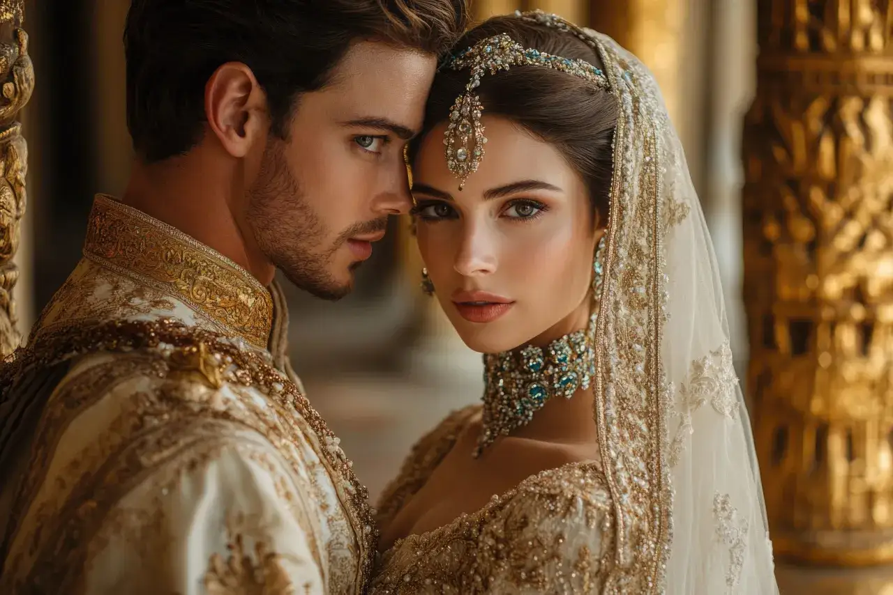 Coppia in abiti sontuosi, con la sposa adornata da gioielli scintillanti, evoca l'eleganza dei matrimoni morganatici famosi.