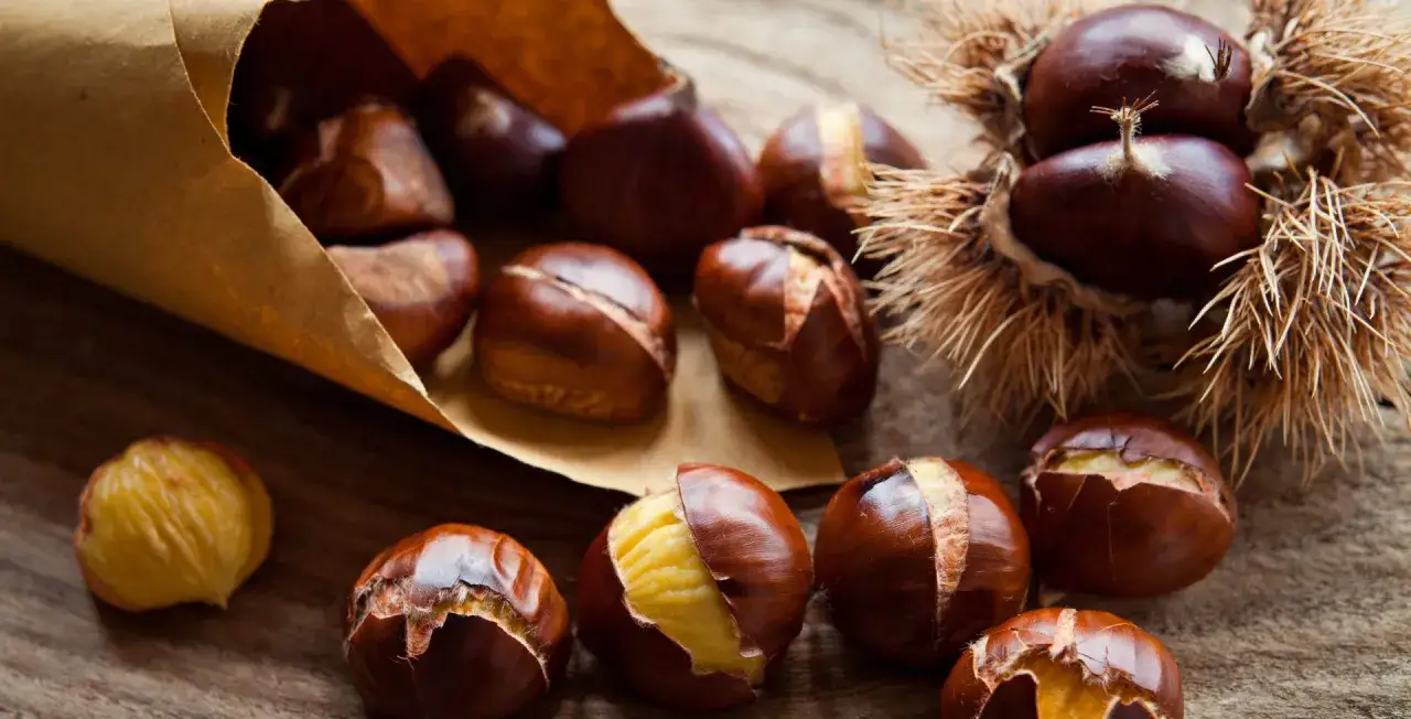 Castagne fresche e arrostite, alcune ancora nel loro riccio spinoso. Un sacchetto di carta marrone contiene altre castagne, pronte per essere gustate. Il loro significato, come la loro dolcezza, è un piacere autunnale.